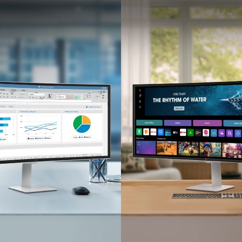 Et bilde som viser LG Smart Monitors på et kontor og i et hjem.