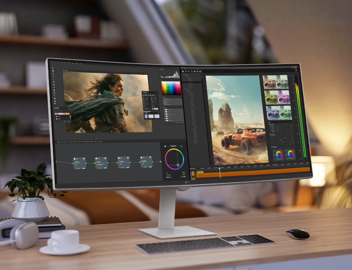 Skjerm på et skrivebord som viser videoredigeringsprogram med filmatiske opptak og fargekorrigeringsverktøy i et koselig hjemmekontormiljø.
