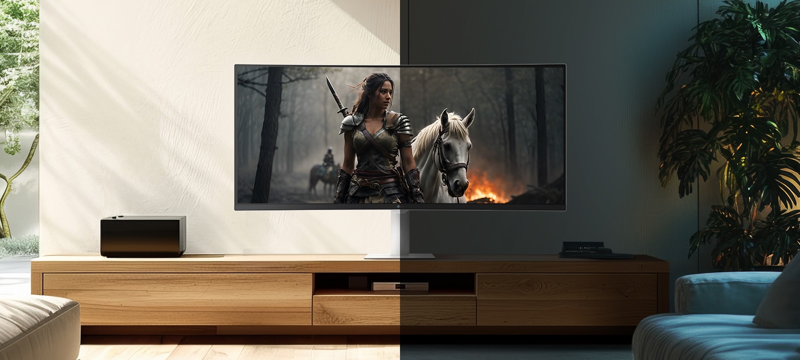 Det venstre bildet viser utseendet på dagtid med lysstyrkejusteringsfunksjonen, mens det høyre bildet viser utseendet på kveldstid med den samme funksjonen.