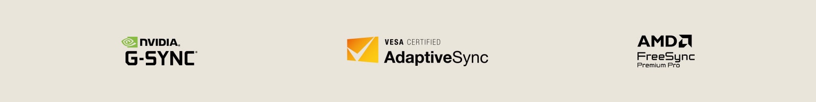 Logoene for NVIDIA G-SYNC, VESA AdaptiveSync og AMD FreeSync Premium Pro.
