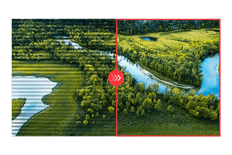 Sammenligningsbilde av høyre side med flimmersikring påført og venstre side uten flimmersikring påført.