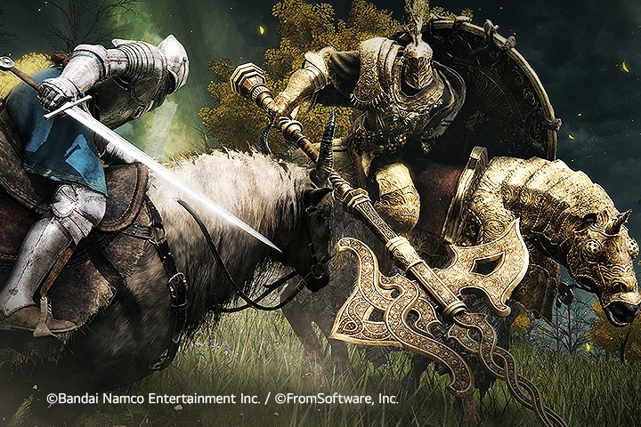 En middelaldersk ridder kjemper på hesteryggen.