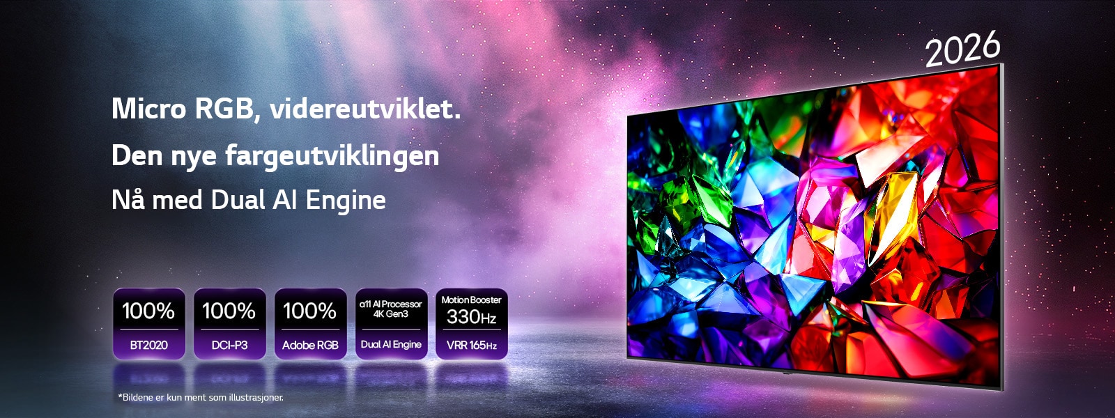 LG Micro RGB evo AI mrgb96, den nye fargeutviklingen, viser et levende, krystallklart fargebilde med skarpe fasetter av rødt, grønt og blått. Utstyrt med 100 % fargedekning på BT2020, DCI-P3 og Adobe RGB, alpha 11 AI Processor 4K Gen3 Dual Engine og Motion Booster 330Hz med VRR 165Hz.