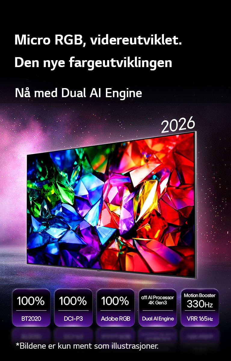 LG Micro RGB evo AI mrgb96, den nye fargeutviklingen, viser et levende, krystallklart fargebilde med skarpe fasetter av rødt, grønt og blått. Utstyrt med 100 % fargedekning på BT2020, DCI-P3 og Adobe RGB, alpha 11 AI Processor 4K Gen3 Dual Engine og Motion Booster 330Hz med VRR 165Hz.