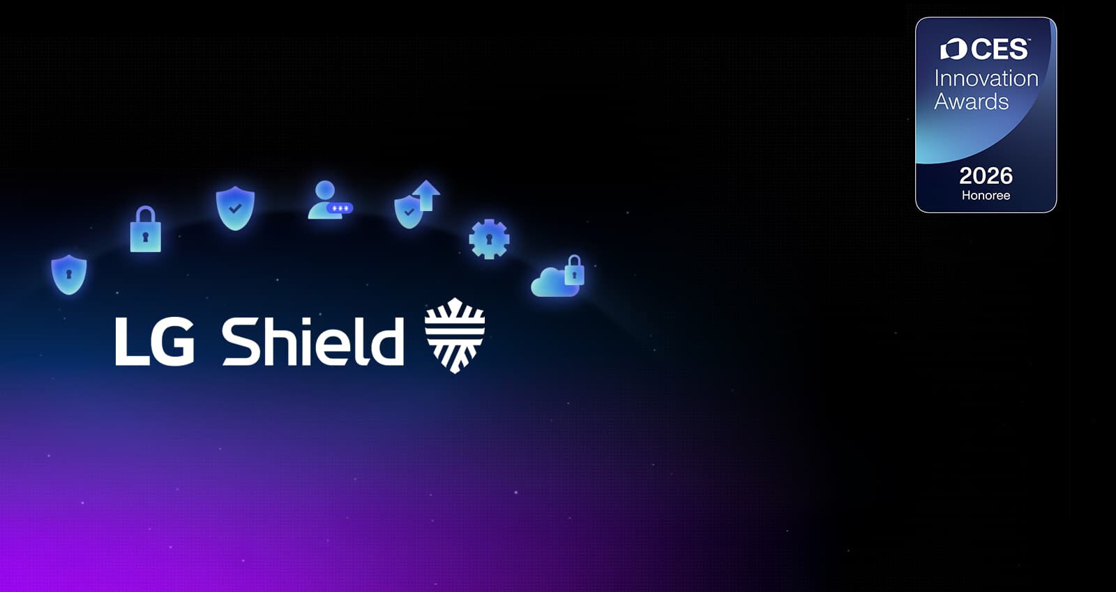 LG Shield-emblemet vises mot en mørk bakgrunn med sikkerhetsikoner, og fremhever webOS-beskyttelse for personvern, datasikkerhet og systemintegritet. Et CES Innovation Awards 2026 Honoree-merke vises også.