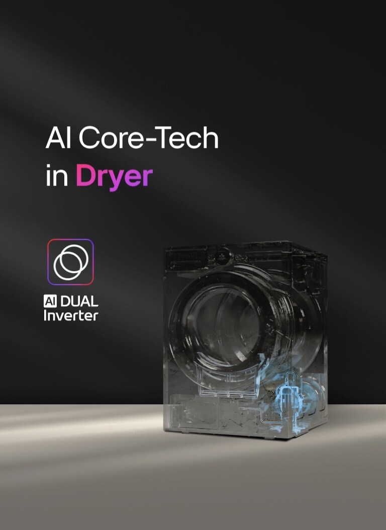 En LG tørketrommel vises med en transparent visning av AI Dual Inverter-komponenten sammen med tittelen "AI Core-Tech in Dryer" og AI Dual Inverter-emblemet, med en ´D´ i midten omgitt av to piler som danner en løkke mot en mørk bakgrunn med rosa og lilla kant.