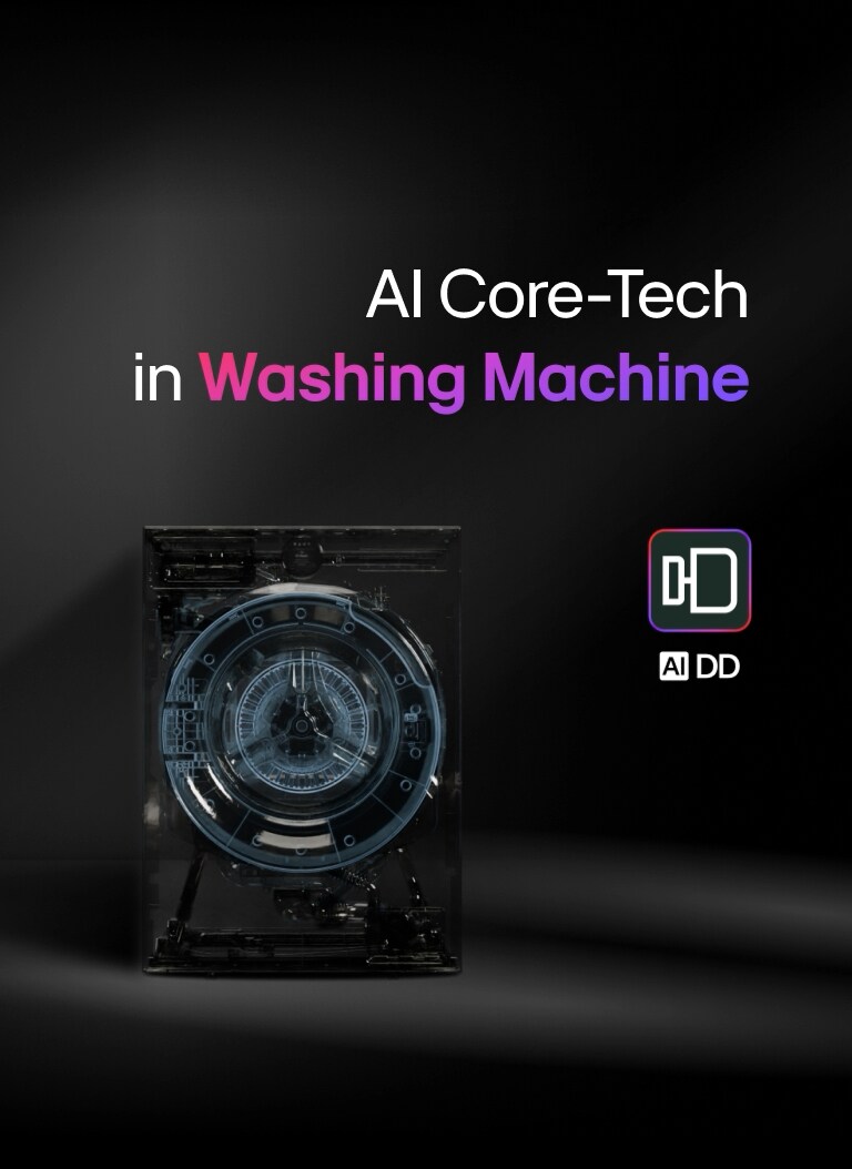 En LG vaskemaskin vises med en transparent visning av AI DD-komponenten sammen med tittelen "AI Core-Tech in Washing Machine" og AI DD-emblemet med stylede´DD-bokstaver, som representerer AI Direct Drive-teknologien mot en mørk bakgrunn med en rosa og lilla kant.