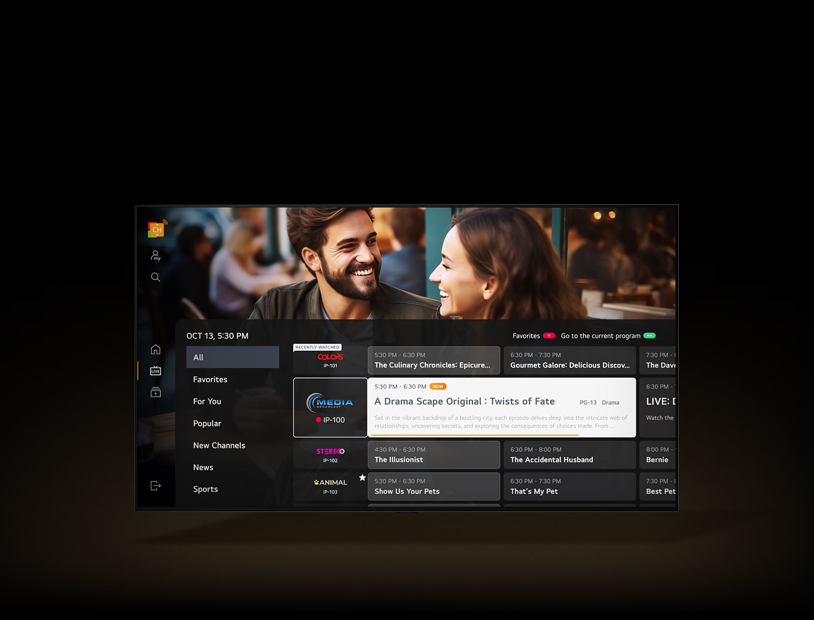 En LG TV har et overlegg av TV-programmet som vises over det som spilles for øyeblikket. 