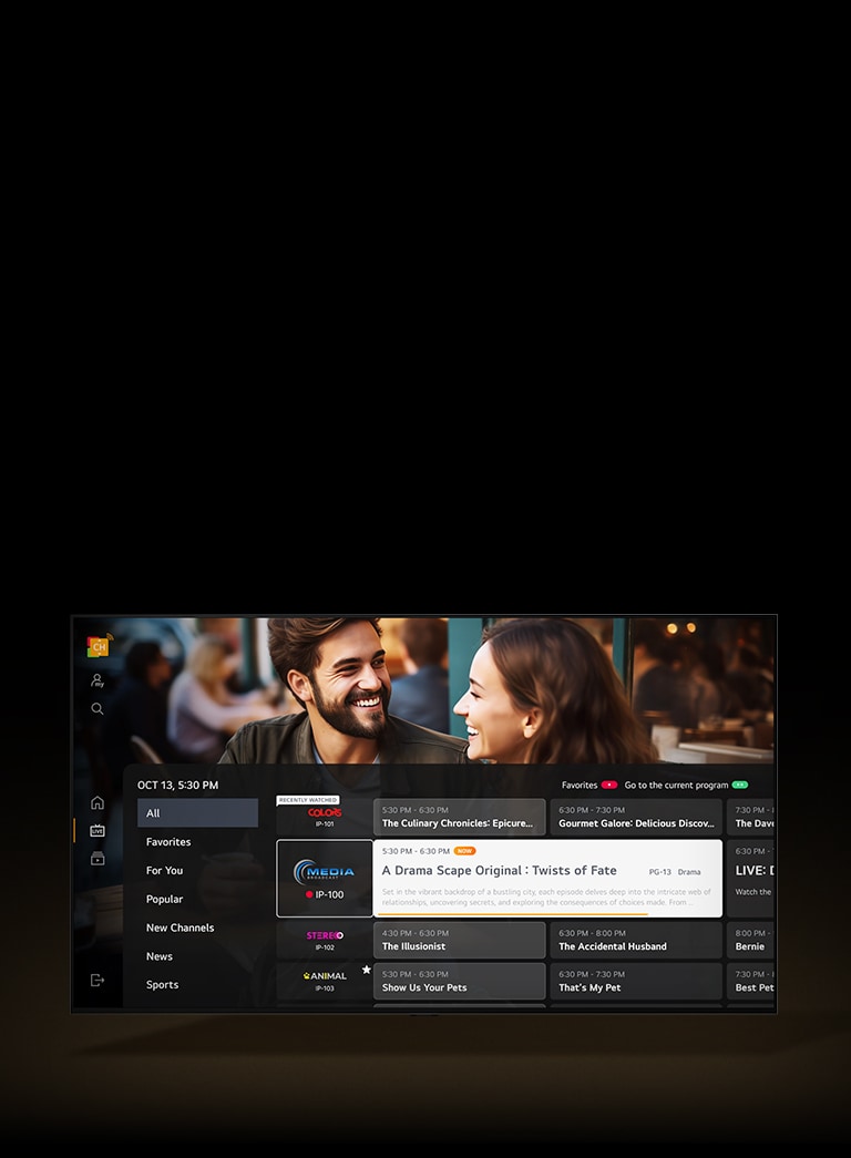 En LG TV har et overlegg av TV-programmet som vises over det som spilles for øyeblikket. 