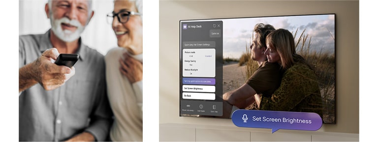 Til venstre sitter en mann og en kvinne mens mannen peker ut med en fjernkontroll. Til høyre viser en LG TV-skjerm en kvinne og en mann som sitter på en sandflate, med et AI chatbot-tjenestevindu åpent på venstre side av skjermen. Nederst i høyre hjørne vises en snakkeboble som sier «Justér skjermens lysstyrke».