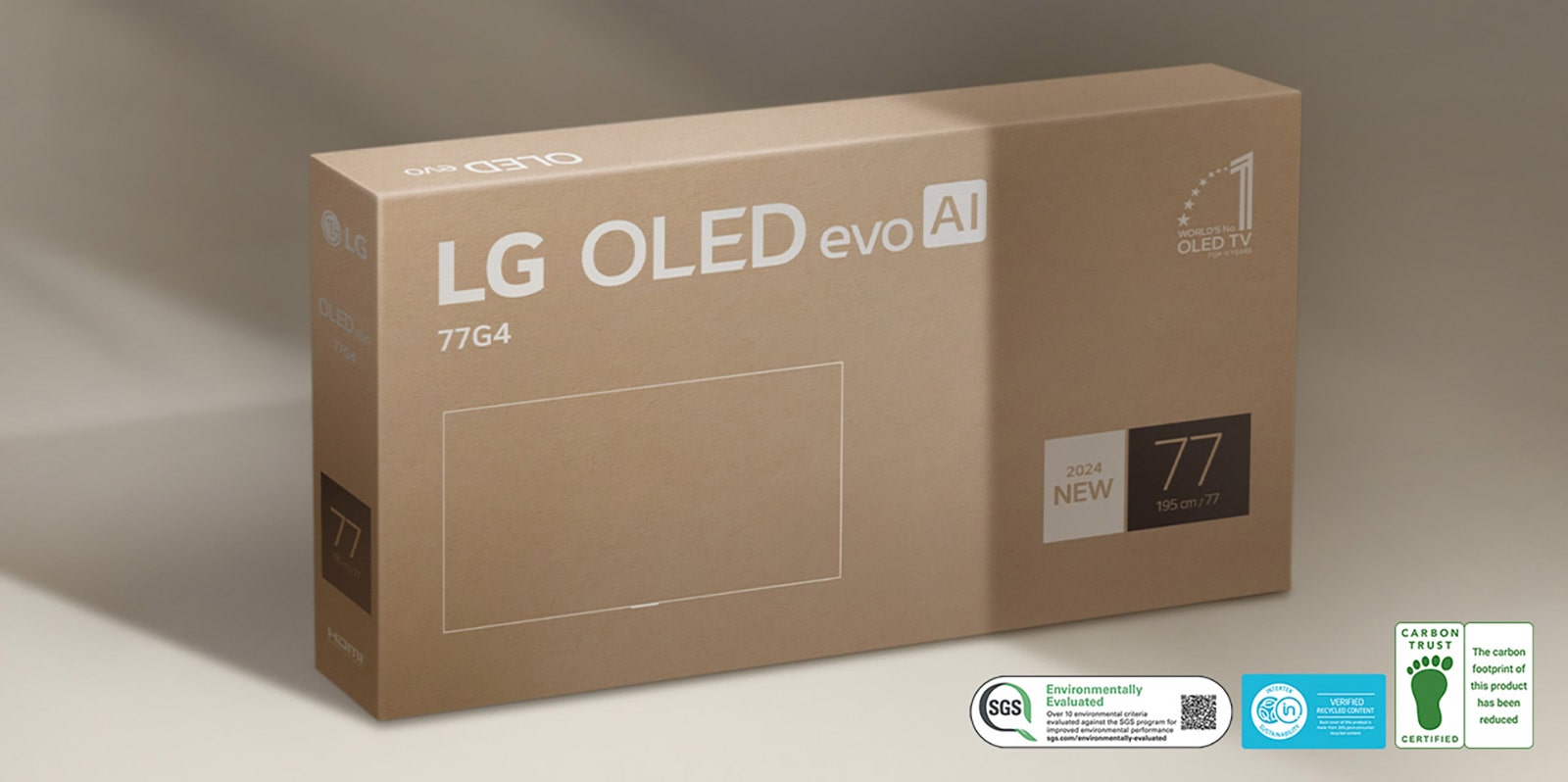 LG OLED-emballasje mot en beige bakgrunn.