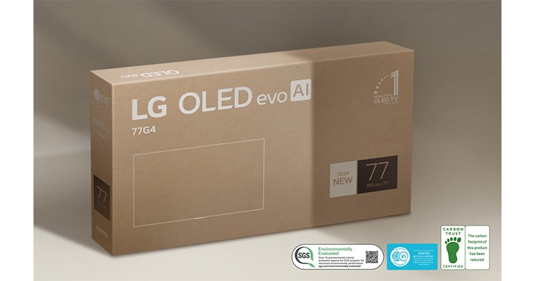 LG OLED-emballasje mot en beige bakgrunn.