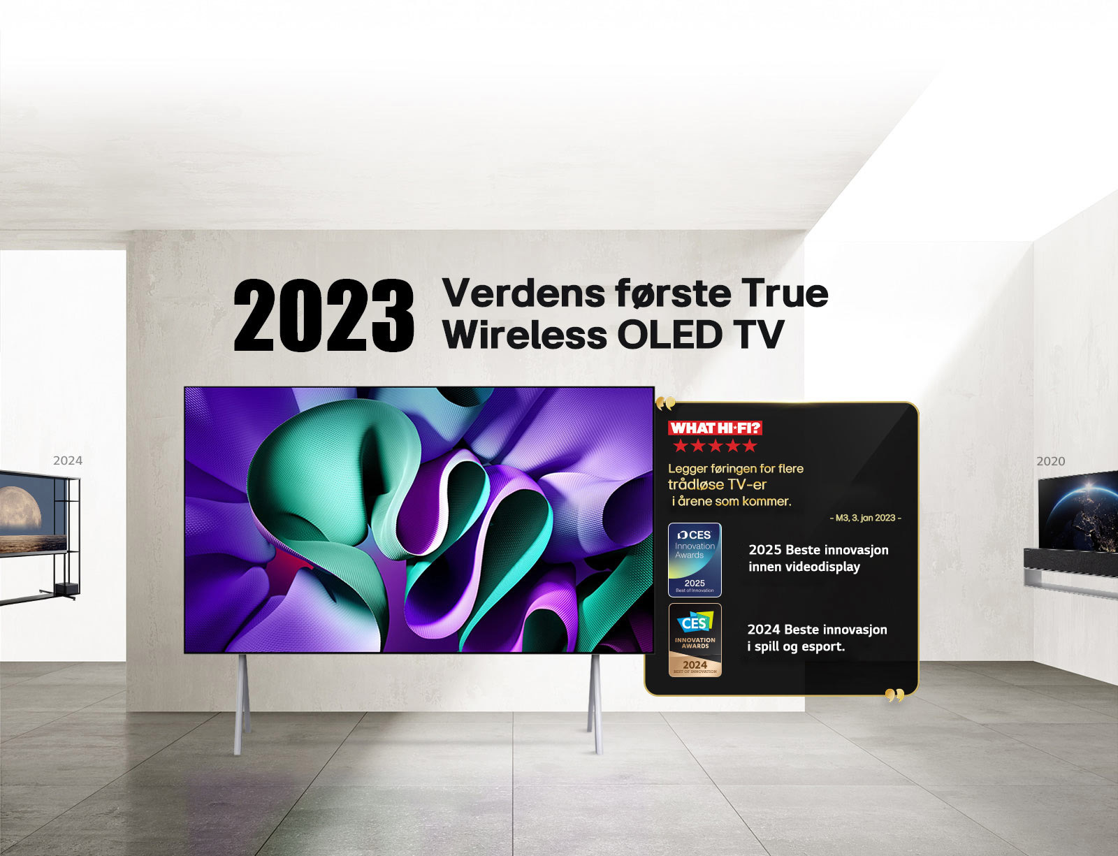 LG TV. Tittel sier 2023 verdens første True Wireless OLED TV. Premie-sitat ved siden av. What Hi-Fi, legger føringen for flere trådløse TV-er i årene som kommer. 2025 Best of Innovation innen videodisplays og 2024 Best of Innovation i spill og esport fra CES Innovation Awards.