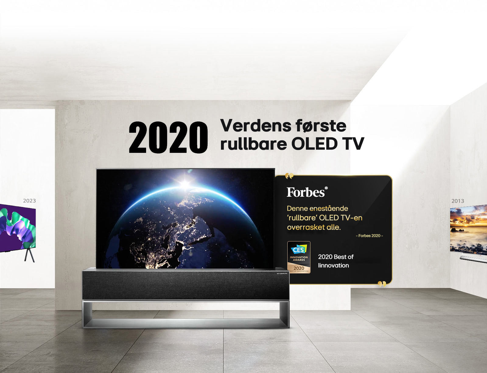 LG TV. Tittel sier 2020 Verdens første rullbare OLED TV. Premie-sitat ved siden av. Forbes, denne enestående rullbare OLED TV-en overrasket alle. 2020 Best of Innovation-pris fra CES Innovation Awards.