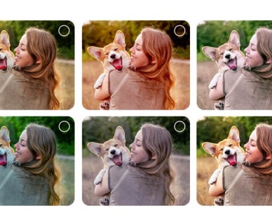 Skjermbilde av en bruker som går gjennom tilpassingsprosessen i AI Picture Wizard. En av valgmulighetene fremheves som om brukeren allerede har gjort sitt valg.Skjermbilde av en bruker som går gjennom tilpassingsprosessen i AI Picture Wizard. En rekke bilder vises med brukerens valg fremhevet. Et lasteikon dukker opp, og et landskapsbilde vises forbedret fra venstre til høyre.