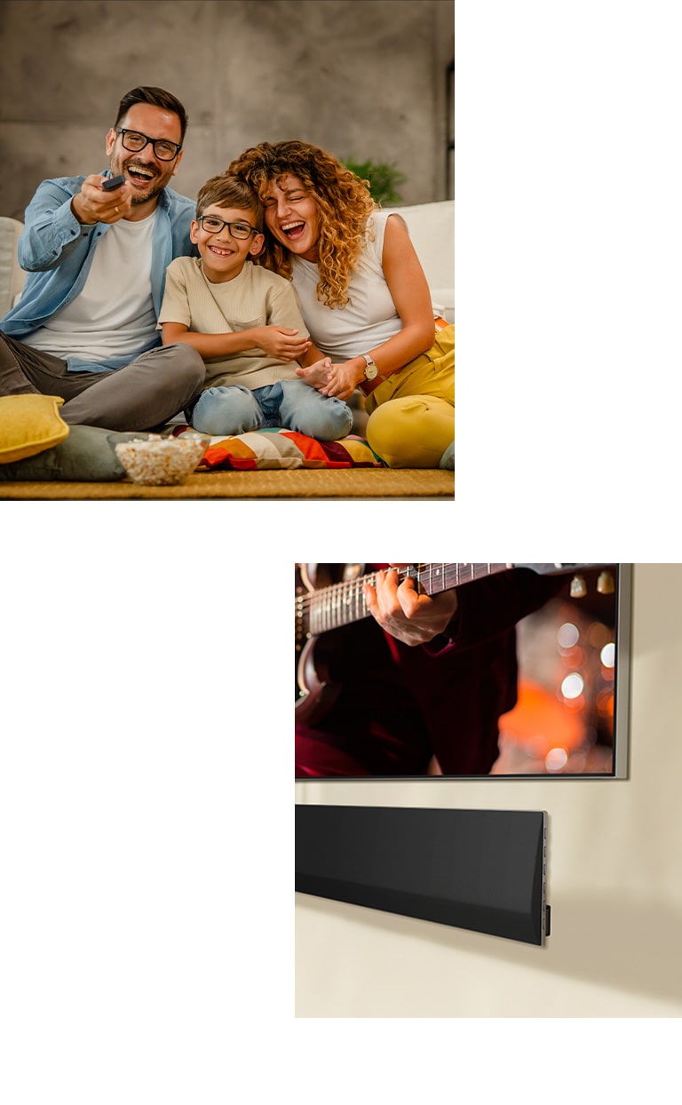To kvinner som sitter i en sofa og spiser popcorn. En nærbildevinkel nederst i høyre hjørne på en veggmontert LG-TV og en LG Soundbar montert på veggen under.