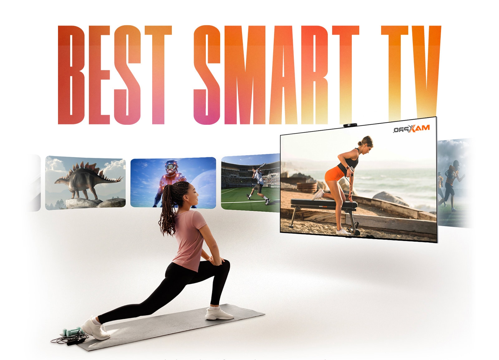 Ordene «BESTE SMART-TV» i et oransjegult gradientmønster over en kvinne som trener på en matte foran en LG-TV. En rekke andre kanaler vises på siden av LG TV i avrundet rektangelgrafikk. 