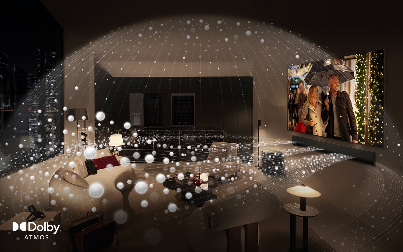 En ultrastor, veggmontert LG-TV fyller en hel vegg i en koselig stue, og hvite perler av lys kommer fra TV-en og fosser rundt i rommet.