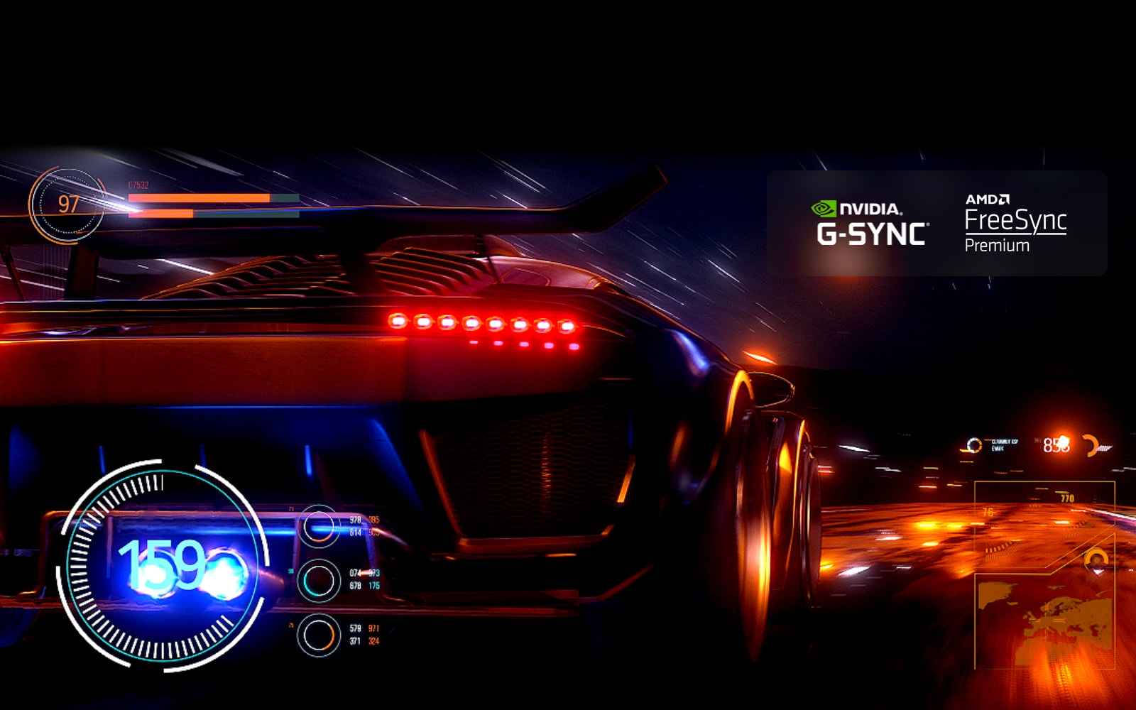 En uskarp scene av en bil som kjører fort i et racingspill, med et speedometerbilde lagt over. Etter hvert som hastigheten blir raskere, blir scenen raffinert for å være klarere og jevnere, og NVIDIA G-SYNC-logoen og FreeSync Premium-logoene vises øverst til høyre.