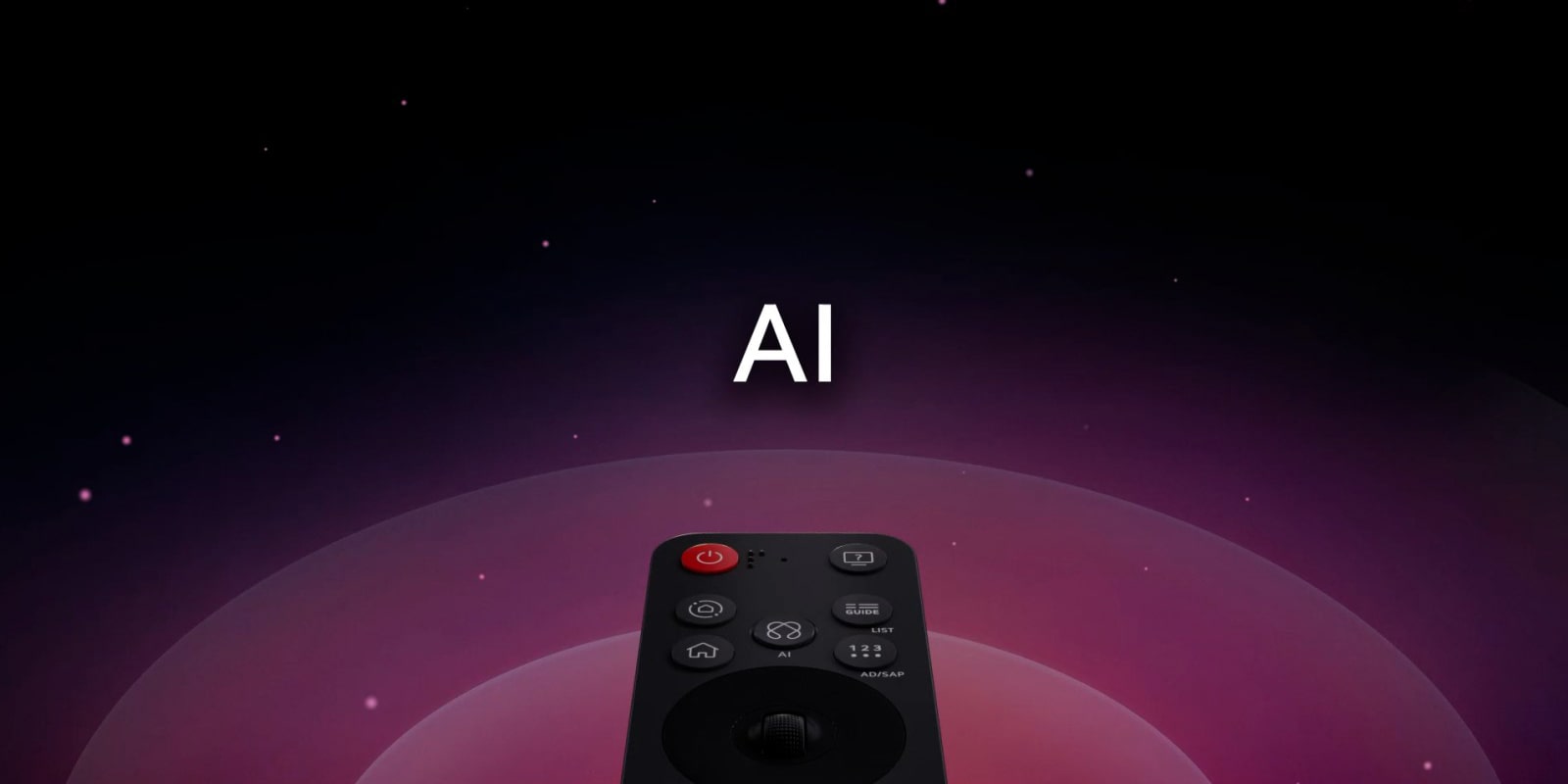 LG AI Magic Remote med fremhevet AI-knapp. Det er en grafisk IU-representasjon med ikoner på hvordan AI-knappen gir brukere tilgang til ulike AI-funksjoner. Tjenesten omfatter AI Voice ID, AI Search, AI Chatbot, AI Concierge, AI Picture Wizard og AI Sound Wizard. Funksjonaliteten vises deretter når pekeren dukker opp over et grensesnitt, og viser hvordan fjernkontrollen kan brukes som en luftmus for å bare peke og klikke.