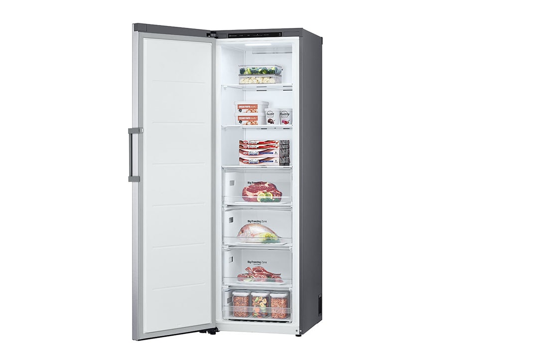 LG 324L Frittstående fryseskap (Shiny Steel) - Energiklasse E, Total No Frost, Express Freeze, Høyre side, åpent med mat, GFT41PZGSZ, thumbnail 12