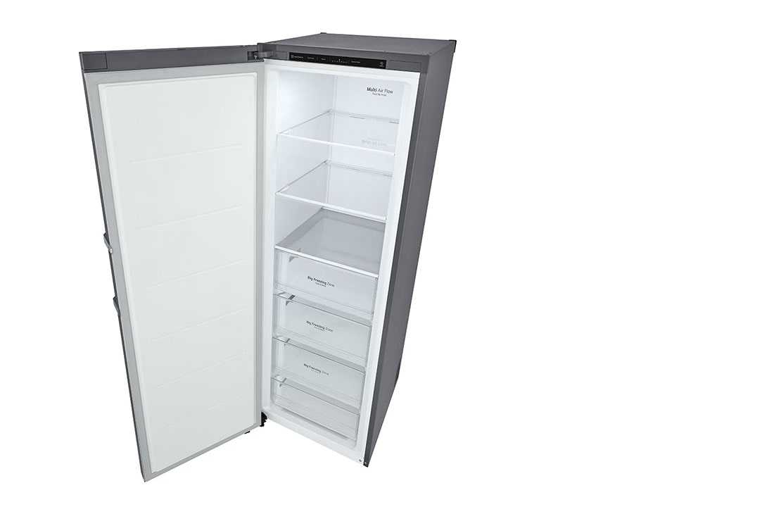 LG 324L Frittstående fryseskap (Shiny Steel) - Energiklasse E, Total No Frost, Express Freeze, Fra øverst til høyre, åpent, GFT41PZGSZ, thumbnail 13