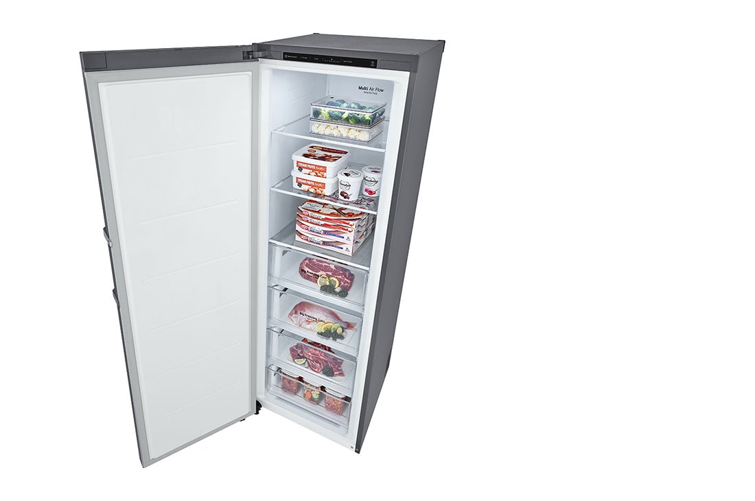 LG 324L Frittstående fryseskap (Shiny Steel) - Energiklasse E, Total No Frost, Express Freeze, Fra øverst til høyre, åpent med mat, GFT41PZGSZ, thumbnail 14