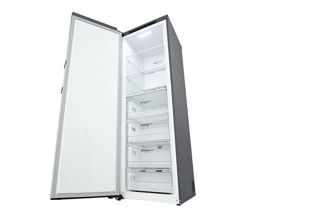 LG 324L Frittstående fryseskap (Shiny Steel) - Energiklasse E, Total No Frost, Express Freeze, Sett fra høyre, åpent, GFT41PZGSZ, thumbnail 8