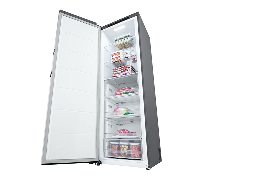 LG 324L Frittstående fryseskap (Shiny Steel) - Energiklasse E, Total No Frost, Express Freeze, Sett fra høyre, åpent med mat, GFT41PZGSZ, thumbnail 9