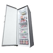 LG 324L Frittstående fryseskap (Shiny Steel) - Energiklasse E, Total No Frost, Express Freeze, Sett fra høyre, åpent med mat, GFT41PZGSZ, thumbnail 9