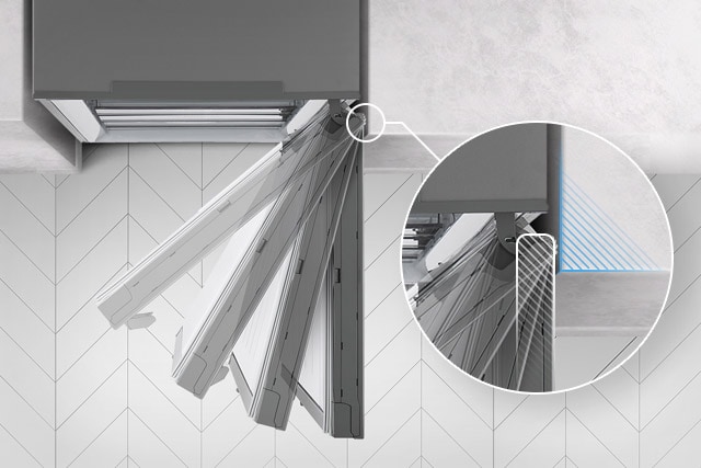 Toppen av kjøleskapet vises med døren svingt åpen og stoppet i fire ulike vinkler og et forstørret innlegg av låsen som aldri berører veggen ved siden av.