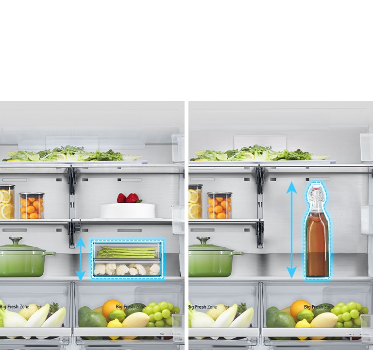 Til venstre ble en hylle spredt ut inne i kjøleskapet og en lav matbeholder ble plassert, og til høyre ble hyllen brettet i samme posisjon og en høy flaske ble plassert.