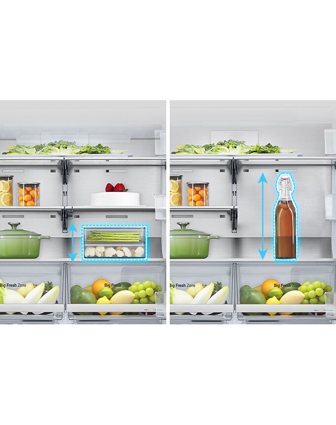 Til venstre ble en hylle spredt ut inne i kjøleskapet og en lav matbeholder ble plassert, og til høyre ble hyllen brettet i samme posisjon og en høy flaske ble plassert.