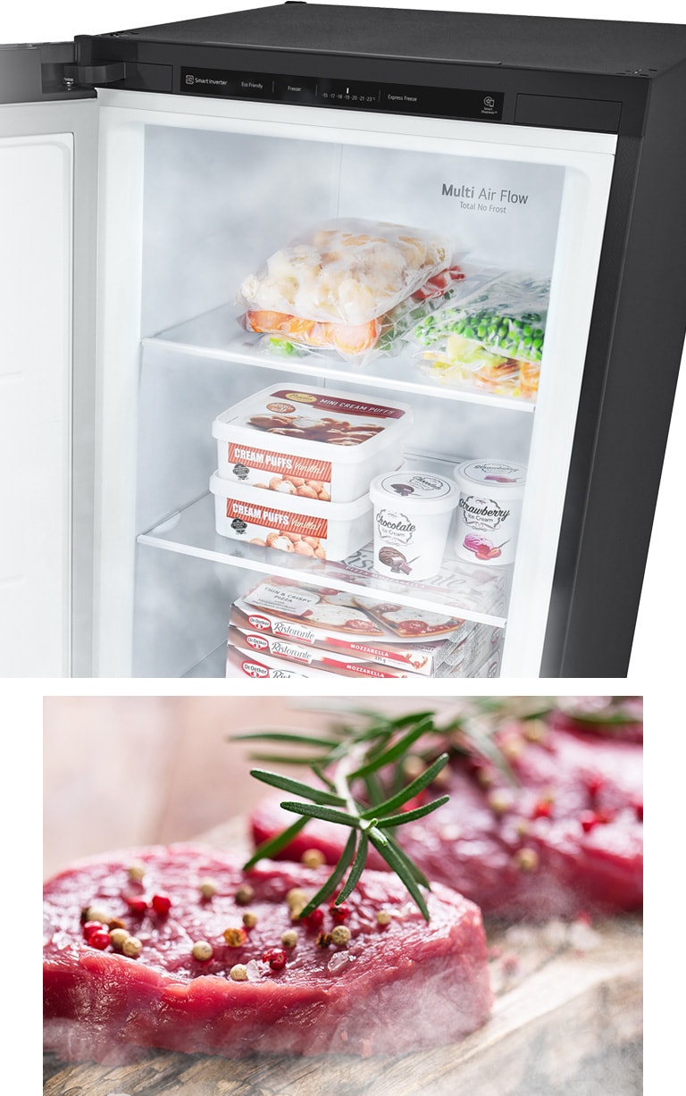 Ett bilde viser en åpen fryser fylt med varer og kald luft som blåser gjennom. Det andre bildet viser ustekt rått kjøtt som er tint og klar til tilberedning.