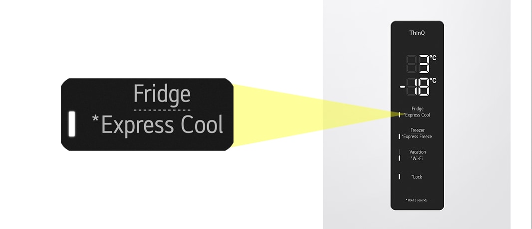 Nørbilde av express kjøleknapp på toppen av kjøleskapet.