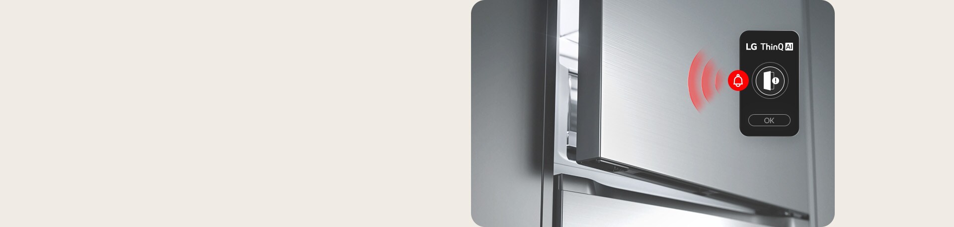 LG bottom freezer (GBBS514DSW) upper door slightly open with red wave graphic showing open door icon and alert icon together