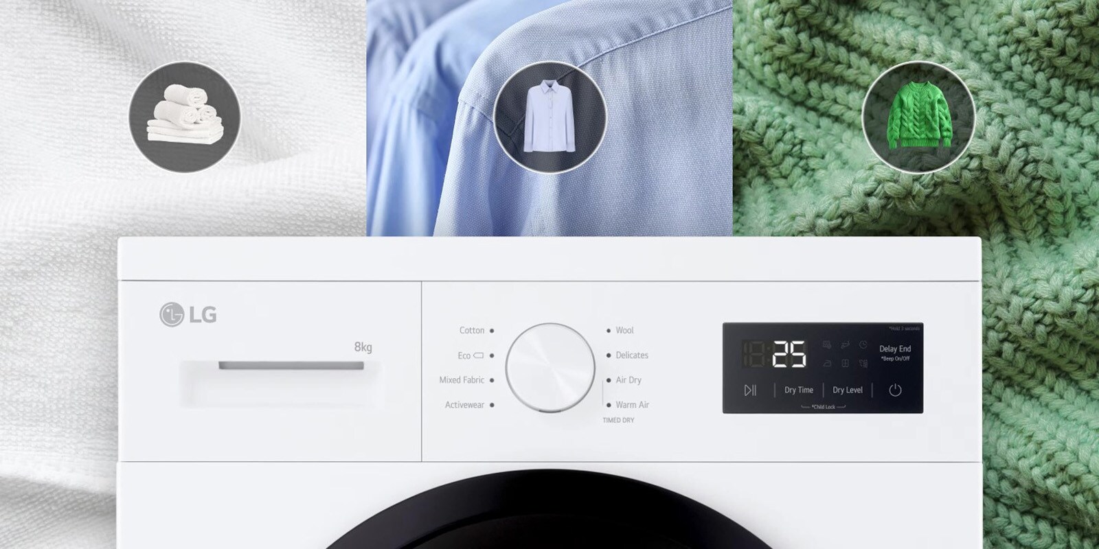 En video som viser den tørre urskiven med alternativer for håndklær, skjorter og ullstoffer