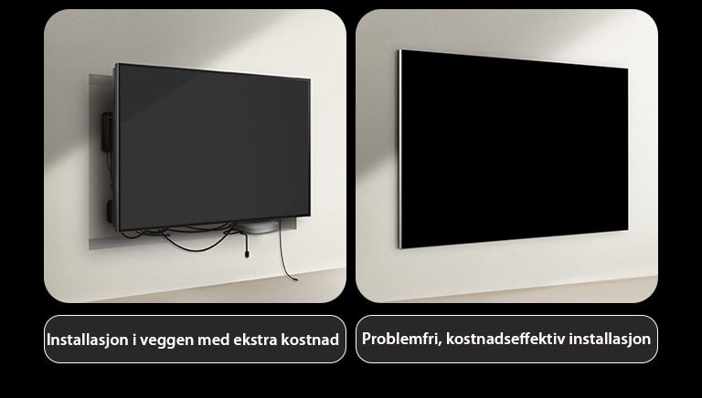 Side-om-side sammenligning av kablet TV og LG True Wireless TV når det gjelder installasjon. På siden med kablet TV, ser de ut til å ha trengt ekstra konstruksjon for å gjemme alle andre apparater bak TV-en. Det rotete oppsettet og kablene kan fortsatt ses via åpningene. Etikett som sier: in-wall installasjon uten ekstra kostnader. På LG True Wireless-siden er TV-en montert pent på veggen. Ingen kabler eller apparater synes. Etikett som sier: «Problemfri, konstnadsfri installasjon». 