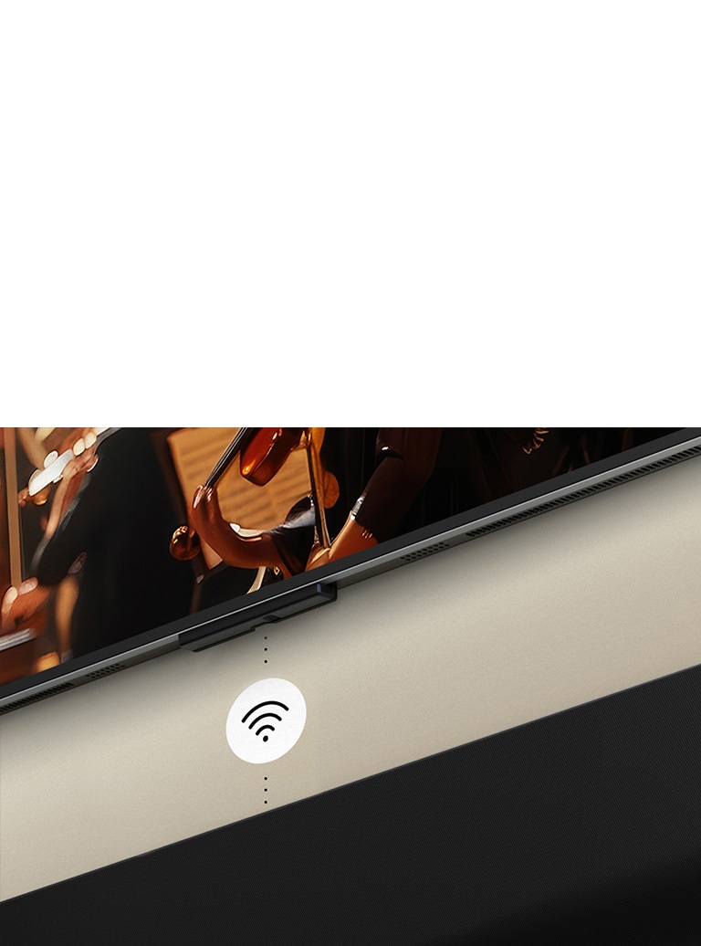 Nærbilde av LG TV over en LG Soundbar med et WIFI symbol som flyter på toppen.