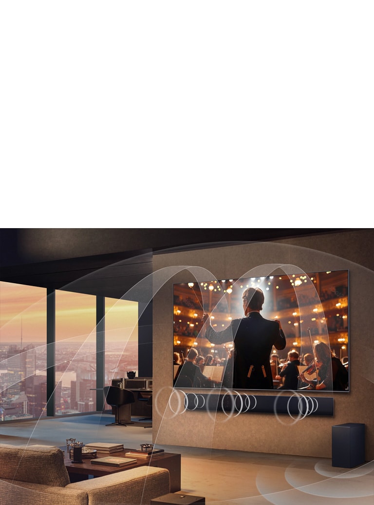 Stue med en LG OLED TV og LG Soundbar, med grafikk som viser hvordan begge enhetene fyller rommet med flerkanals surroundlyd.
