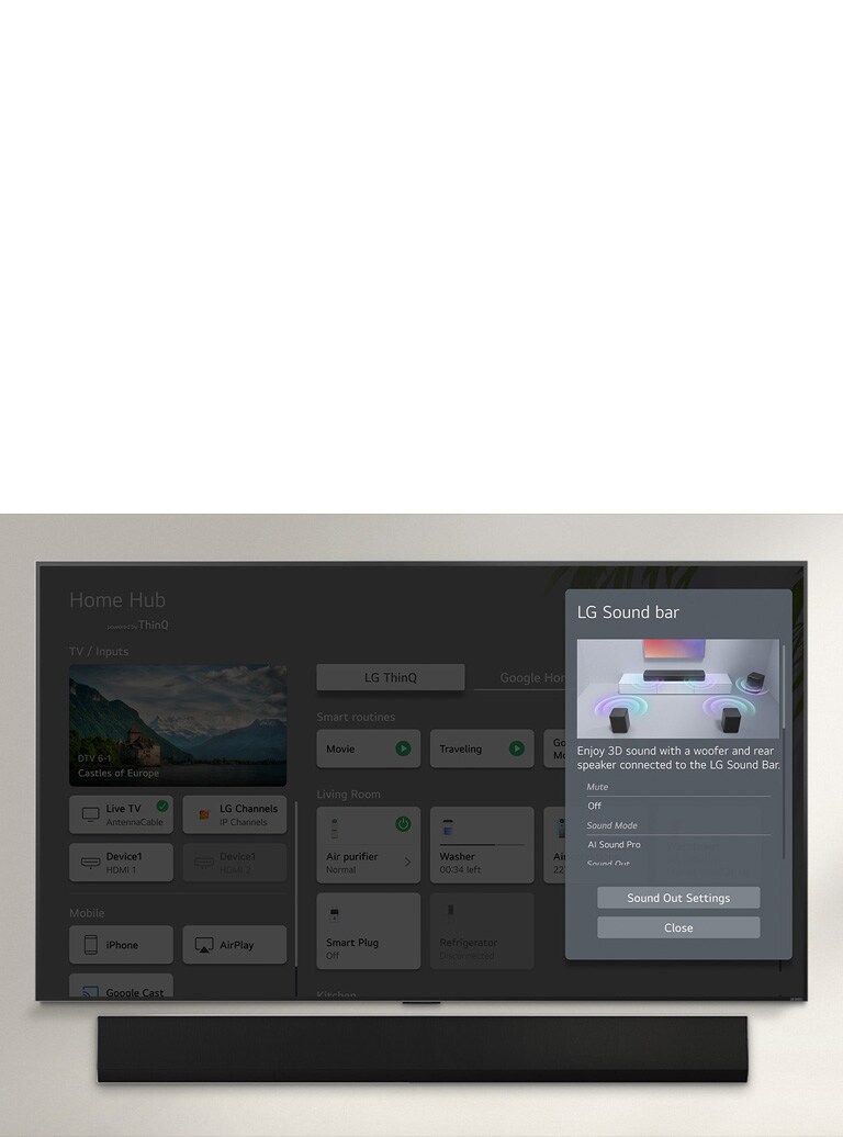 LG Soundbar er under en LG OLED TV. På TV-skjermen er det en UI for soundbar og TV-volum-kontrollen. 