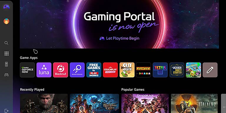 Gaming Portal-startskjerm. Markøren beveger seg og klikker for å vise mange populære spilltitler, og den ekstra funksjonen for å kunne velge spill avhengig av hvilken type kontroller du har, enten det er en spillkontroll eller fjernkontrollen. 