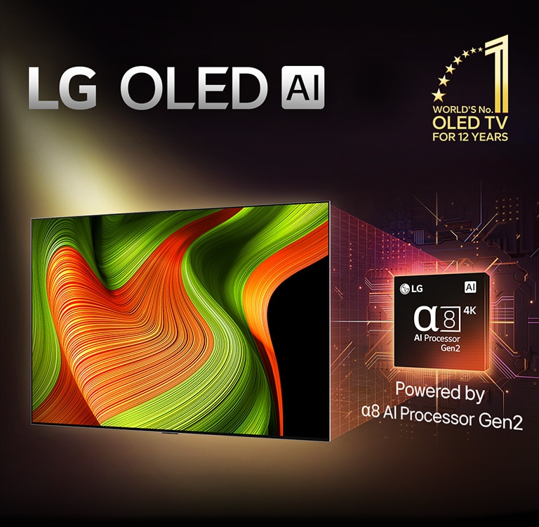 På skjermen til en LG OLED evo AI TV er det et abstrakt bilde med imponerende detaljer, farge og kontrast. En forstørret versjon av alpha 8 AI Processor Gen2 er bak TV-en. Den lyser opp med lys som belyser mikrochipkretsene rundt den. Tittelen sier noe om LG OLED evo AI. Tekst vises også, som får strøm fra LG alpha 8 AI prosessor Gen2. En gull-logo med stjerner i hjørnet som sier: verdens nummer én OLED TV i 12 år. 