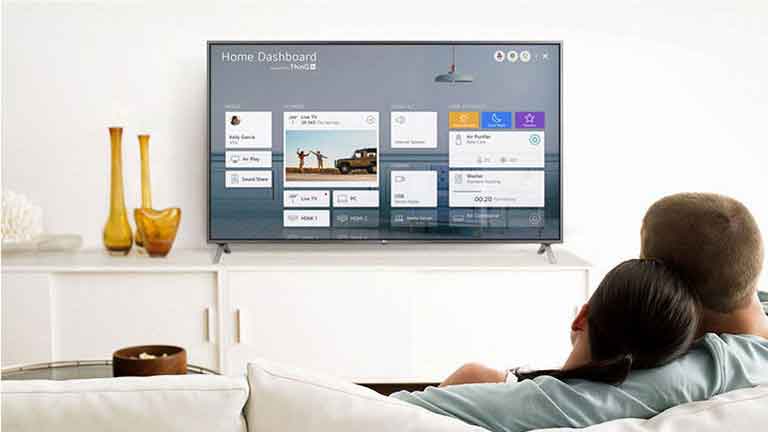 Menn og kvinner som sitter i en sofa i stua med Home Dashboard på TV-skjermen.