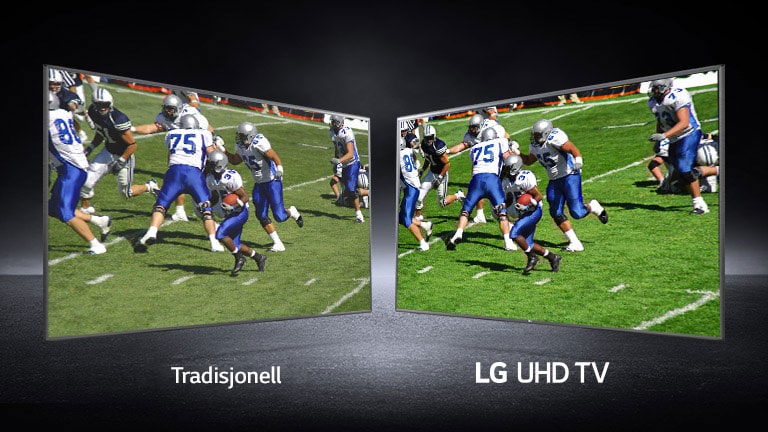 Et bilde av spillere som spiller på en fotballbane fra ulike synsfelt. Den ene vises på en tradisjonell skjerm og den andre på en UHD-TV.
