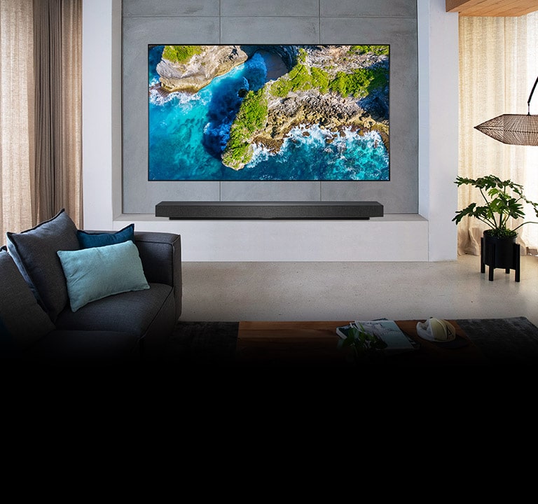 En TV i et luksuriøst hjem som viser et bilde av naturen i fugleperspektiv