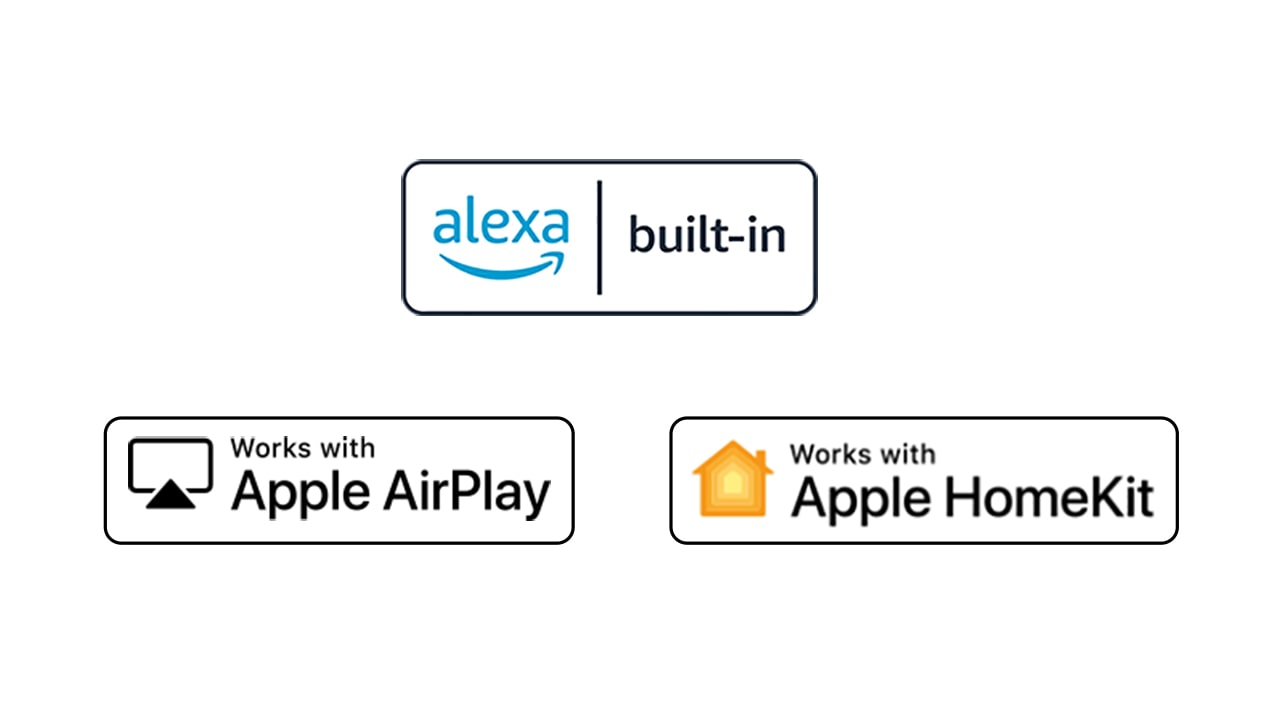 Detaljer som viser logoer til alexa, Apple Airplay og Apple HomeKit som ThinQ AI er kompatibel med.
