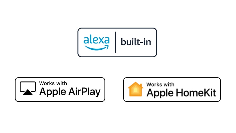 Detaljer som viser logoer til alexa, Apple Airplay og Apple HomeKit som ThinQ AI er kompatibel med.