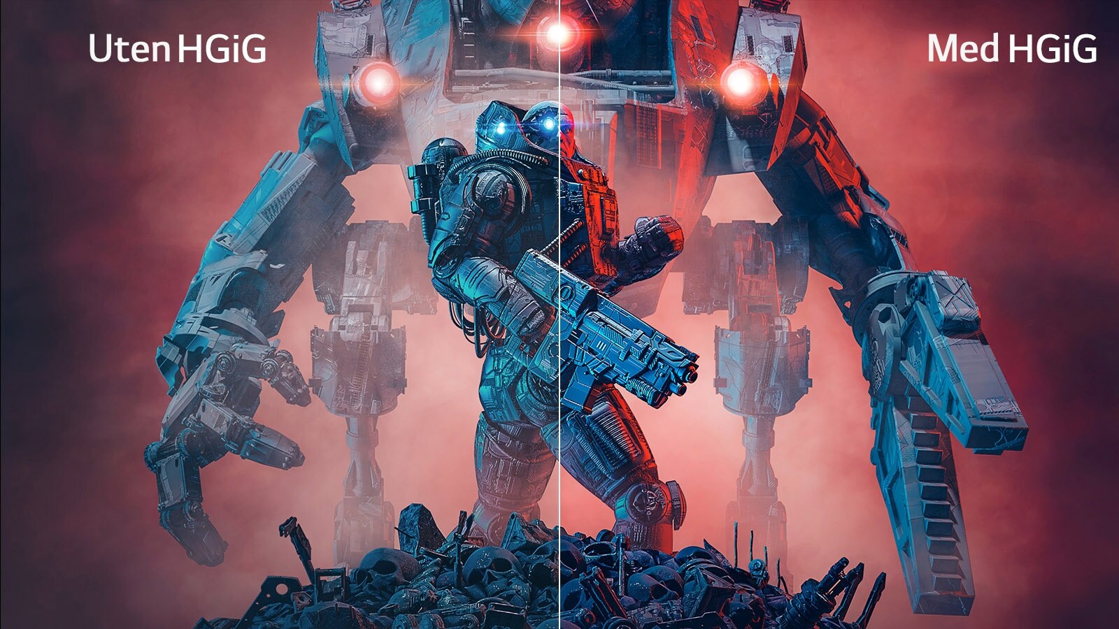 Bilde der venstre halvdel er uten HGiG mens høyre halvdel er med HGiG for å vise kontrasten.