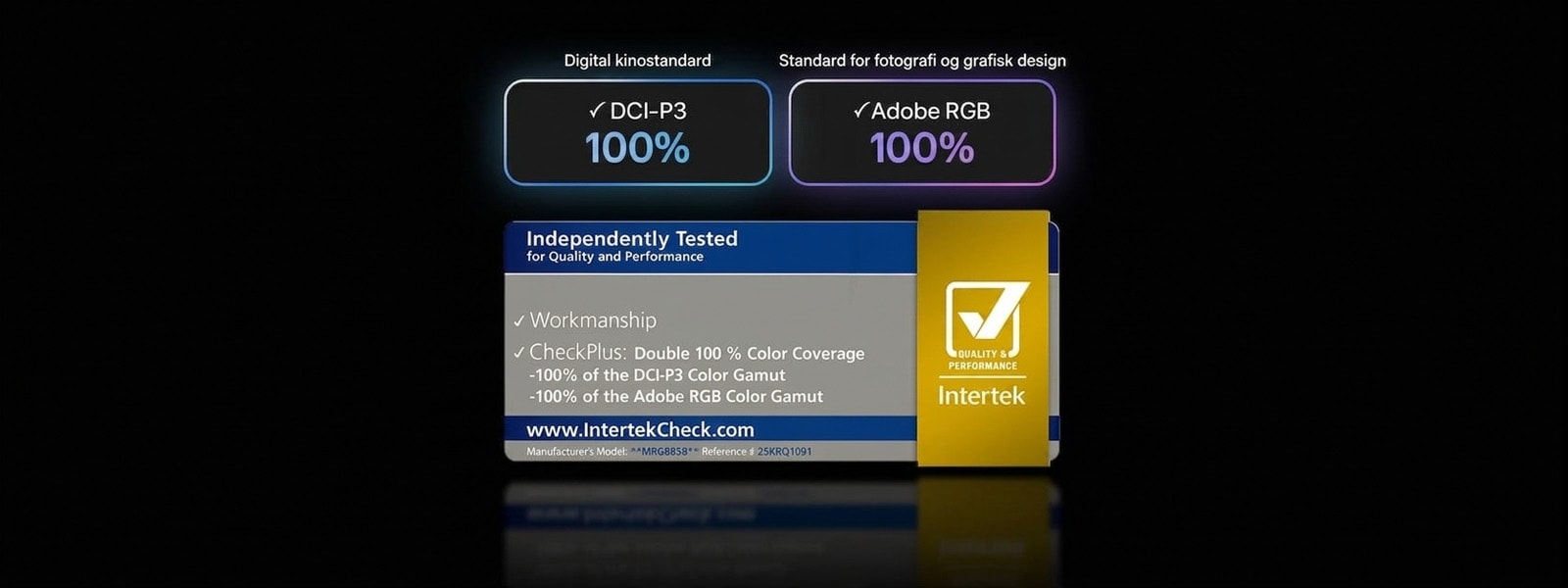 LG Mini RGB evo AI MRGB85, med RGB Primary Color Pro, leverer 100 % fargedekning av DCI-P3 og Adobe RGB, sertifisert av Intertek.